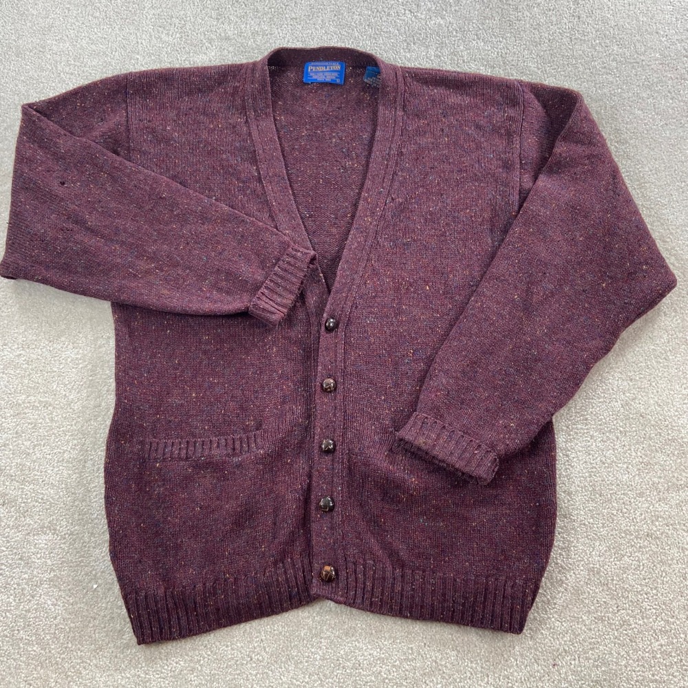Pendleton Cardigan Mens L Burgundy Shetland Virgin Wool Donegal Knit V-Neck
